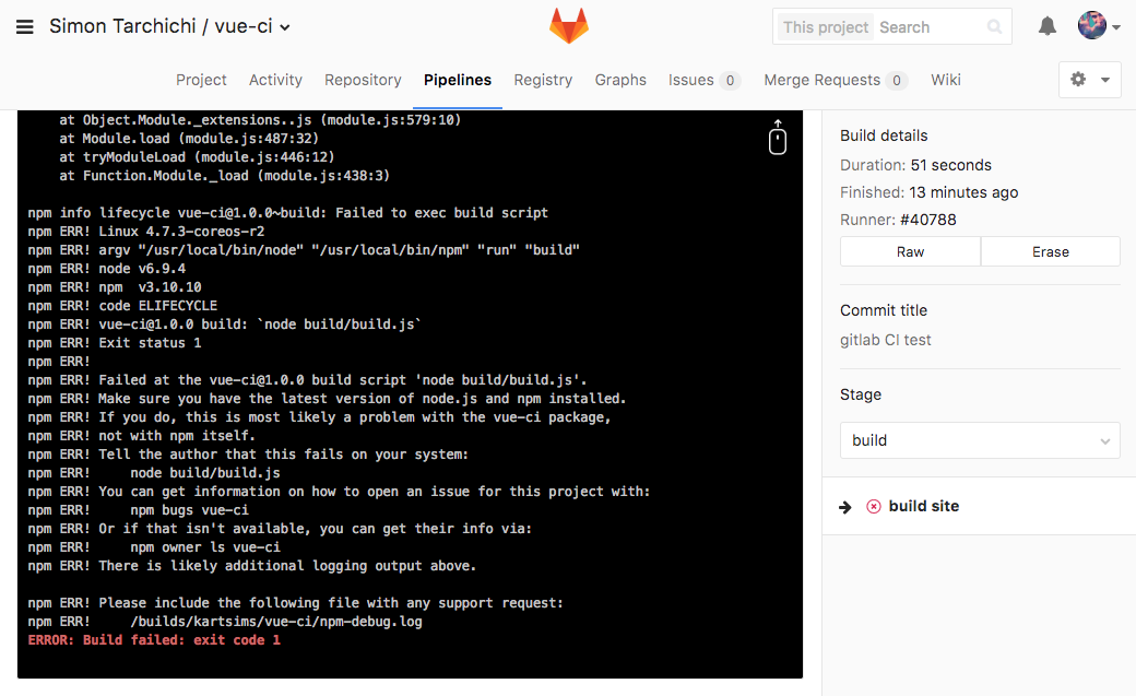 Example of a failed job